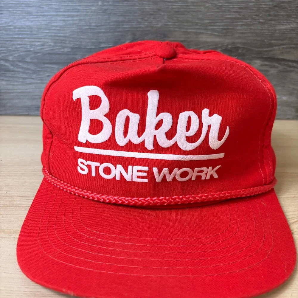 Vintage‎ Baker Stone Work Hat Cap Snap Back Black Red Outdoors 90s